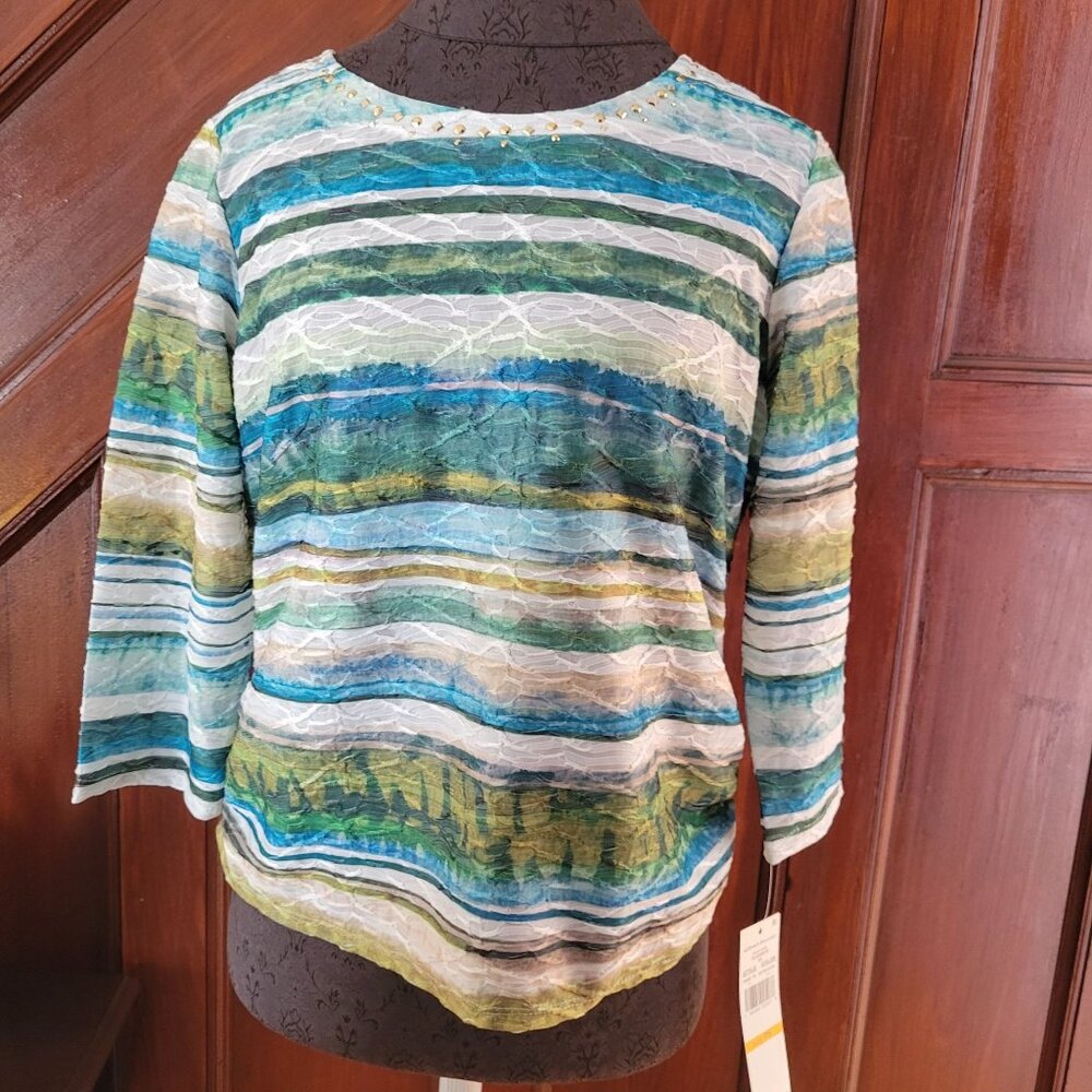 Alfred Dunner Womens Petite Top Studded Neckline & Striped Pattern PS